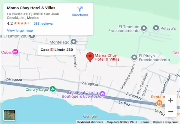 Mapa y Ubicación de Mama Chuy Hotel & Villas San Juan Cosala en el Lago de Chapala Jalisco México