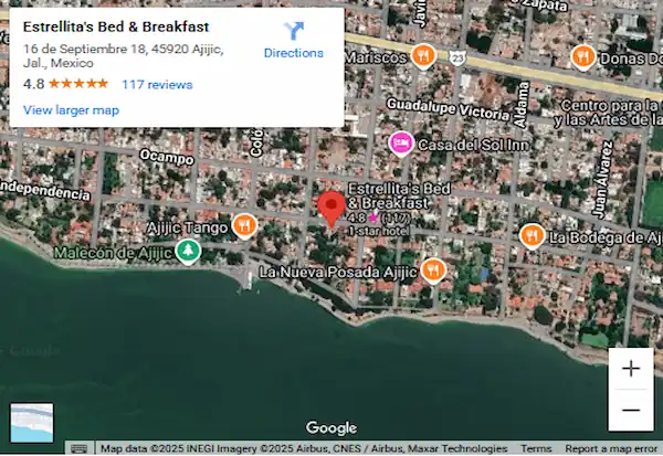 Hotel Estrellitas Bed and Breakfast Ajijic Jalisco Mexico Map and Location